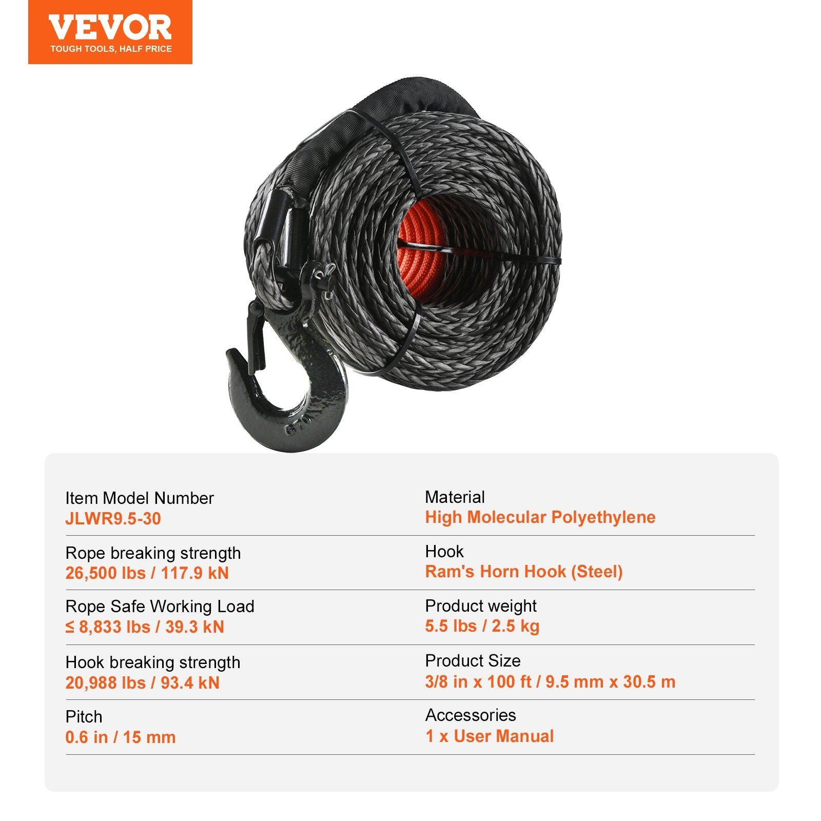 Synthetic Winch Rope, 9.5 mm x 30.5 m, 117.9 kN, Synthetic Winch Line Cable Rope with Protective Sleeve + V952-HCJPSJYX38IN93VS7V0