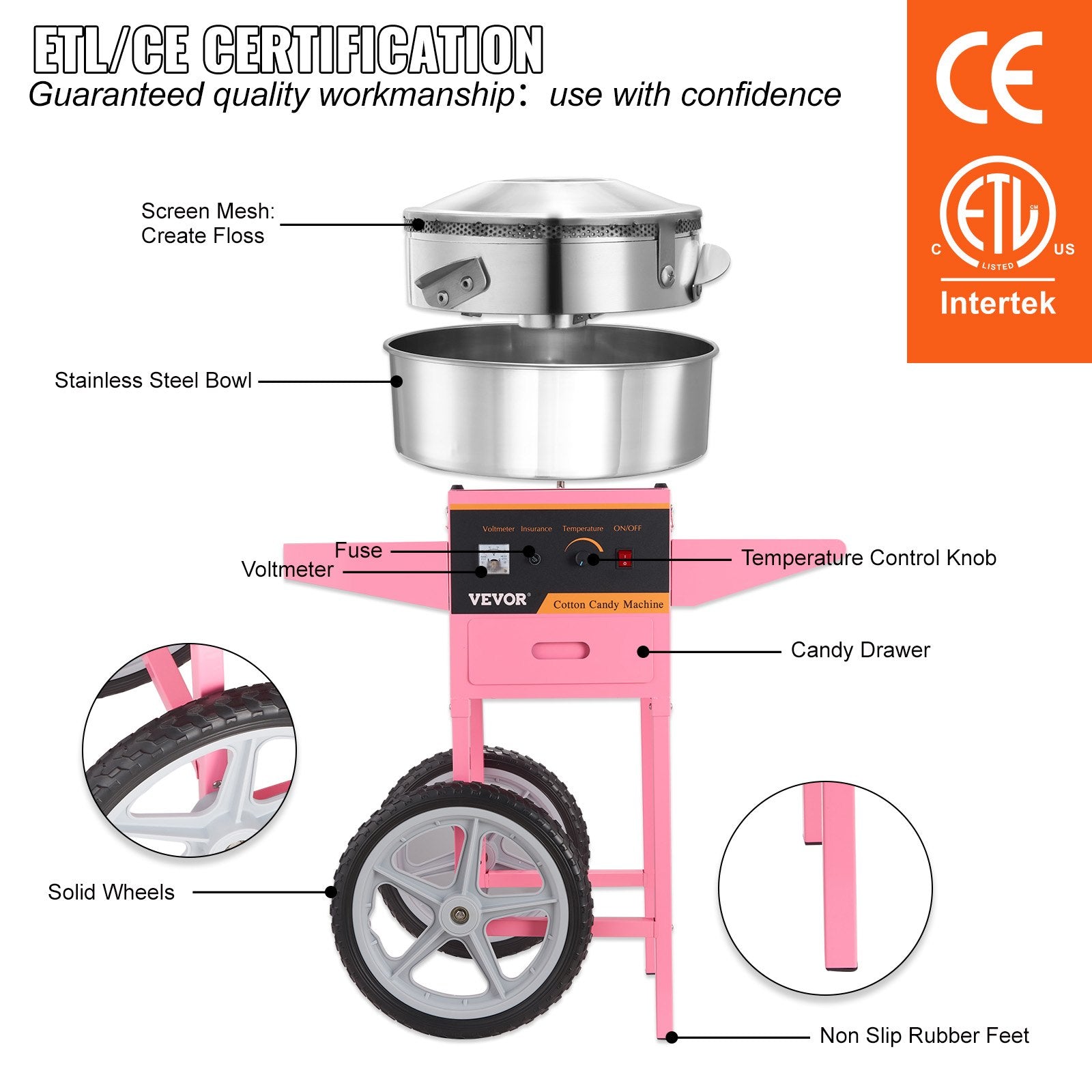 Commercial Cotton Candy Machine with Cart Sugar Floss Maker 1000W Party V952-HCMHTJFSWGZMWVJZKV3