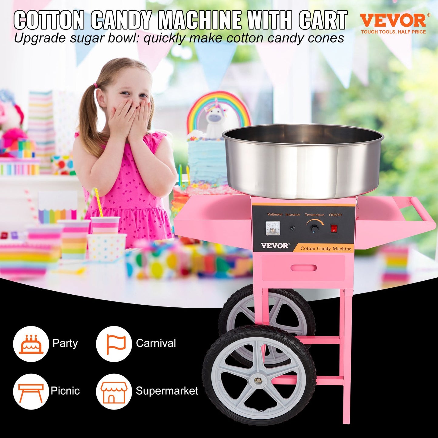 Commercial Cotton Candy Machine with Cart Sugar Floss Maker 1000W Party V952-HCMHTJFSWGZMWVJZKV3
