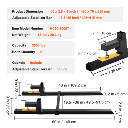Pallet Forks, 907 kg Tractor Bucket Forks, 1490 mm Total Length Clamp on Pallet Forks with Adjustable V952-HCS2000LBS60IX9MMV0