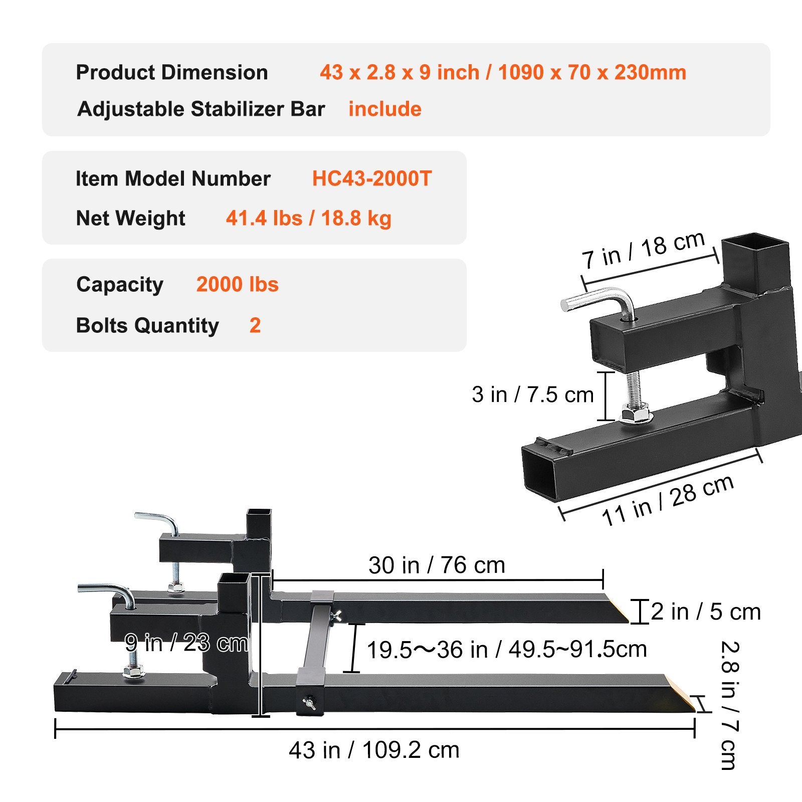 Pallet Forks, 907 kg Clamp on Pallet Forks, 1090 mm Total Length Tractor Bucket Forks with Adjustable V952-HCS43INCH20006W25V0