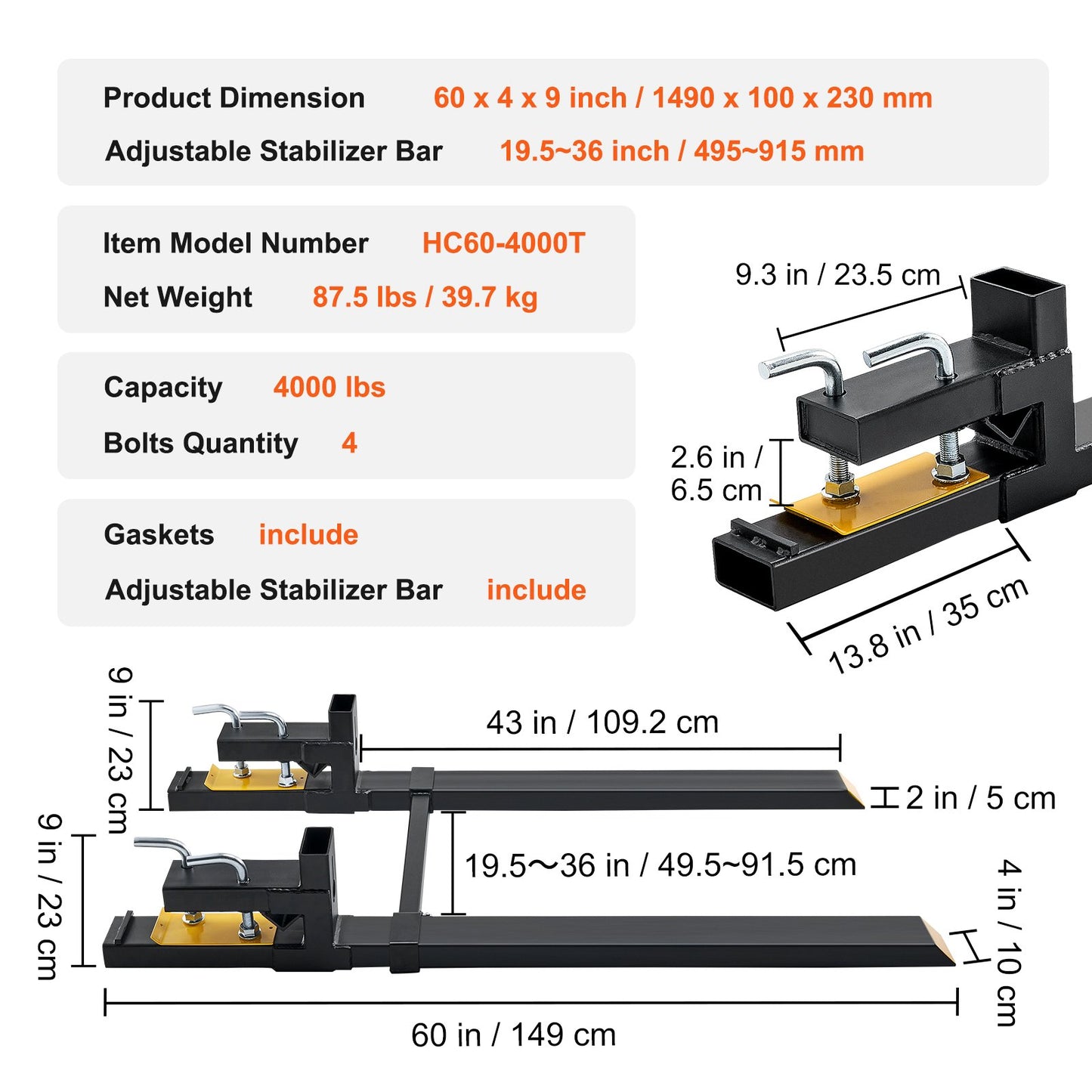 Pallet Forks, 907 kg Clamp on Pallet Forks, 1490 mm Total Length Heavy Duty Pallet Forks with Adjustable V952-HCS60INCH400083LFV0