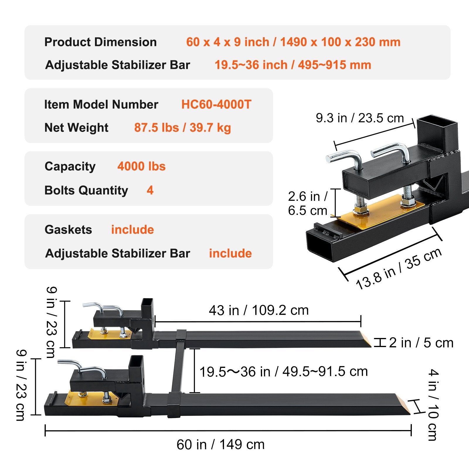 Pallet Forks, 907 kg Clamp on Pallet Forks, 1490 mm Total Length Heavy Duty Pallet Forks with Adjustable V952-HCS60INCH400083LFV0