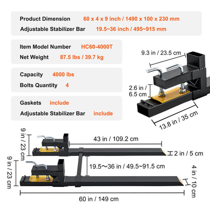 Pallet Forks, 907 kg Clamp on Pallet Forks, 1490 mm Total Length Heavy Duty Pallet Forks with Adjustable V952-HCS60INCH400083LFV0