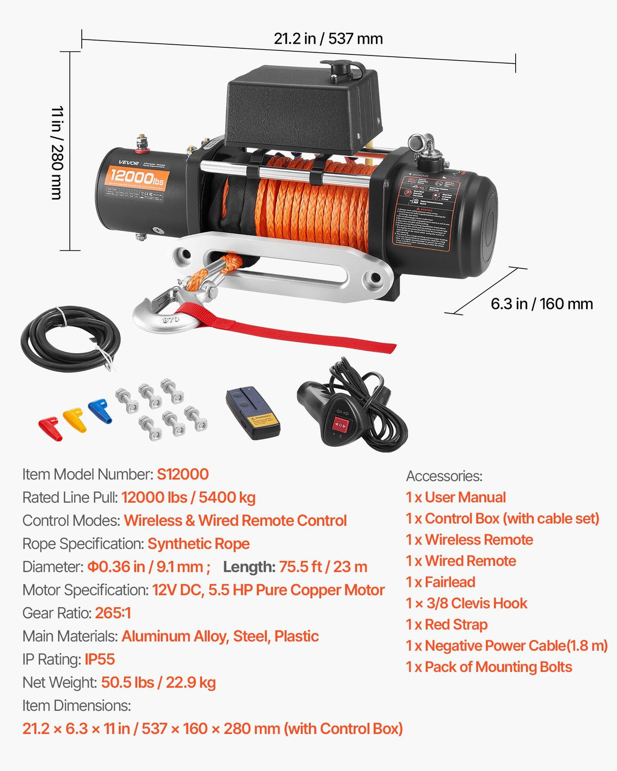 Electric Winch, 5400 kg Load Capacity, 12V DC Truck Winch with 9.1 mm x 23 m Synthetic Rope, Wireless & Wired V952-HCSDDJP120000Z8JO001V9