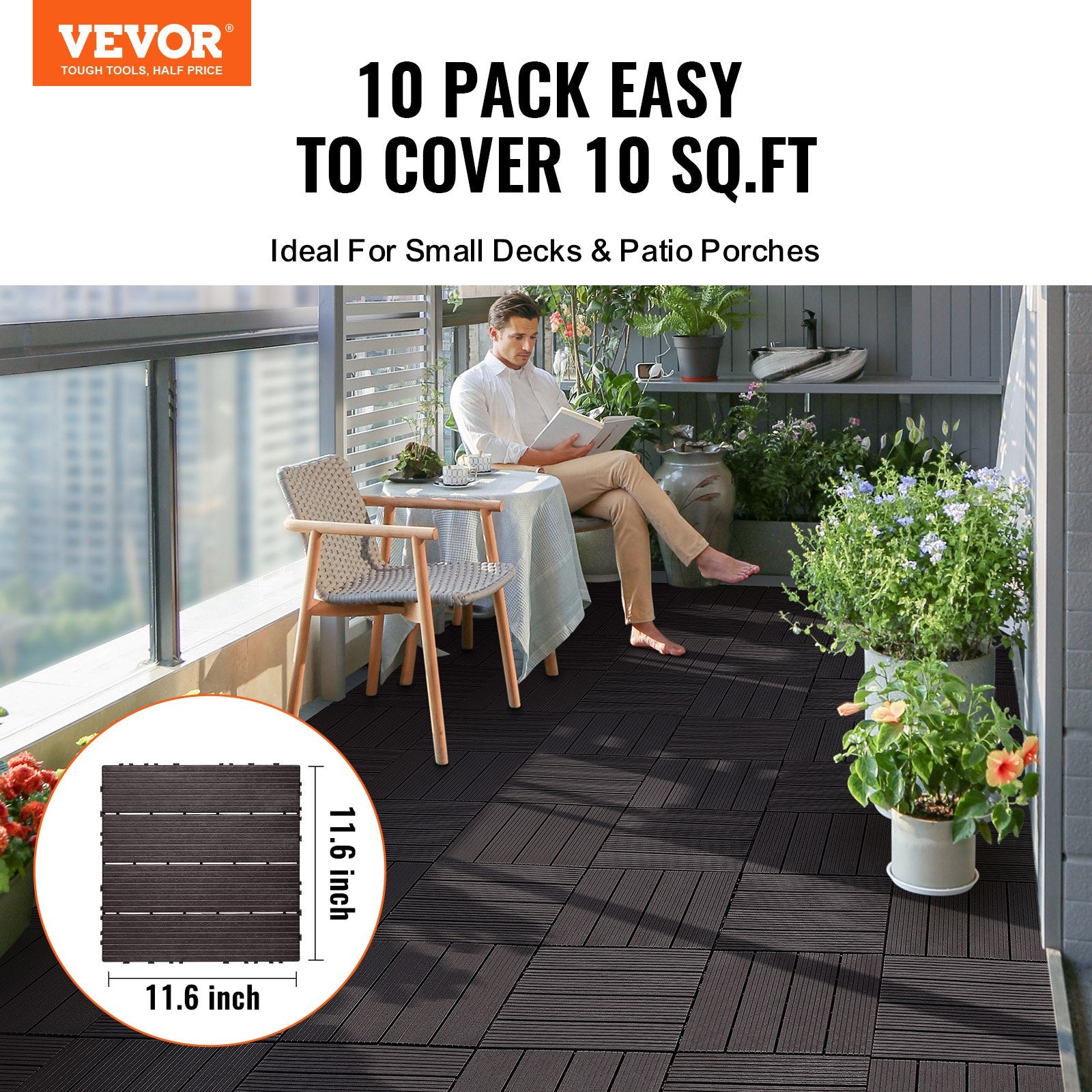 Interlocking Deck Tiles, 10 Pack,12"x12" 10 sq. ft Plastic Waterproof Outdoor Flooring All Weather Use, Patio V952-HDDBSL4TBTSZNBR2SV0