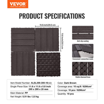 Interlocking Deck Tiles, 10 Pack,12"x12" 10 sq. ft Plastic Waterproof Outdoor Flooring All Weather Use, Patio V952-HDDBSL4TBTSZNBR2SV0