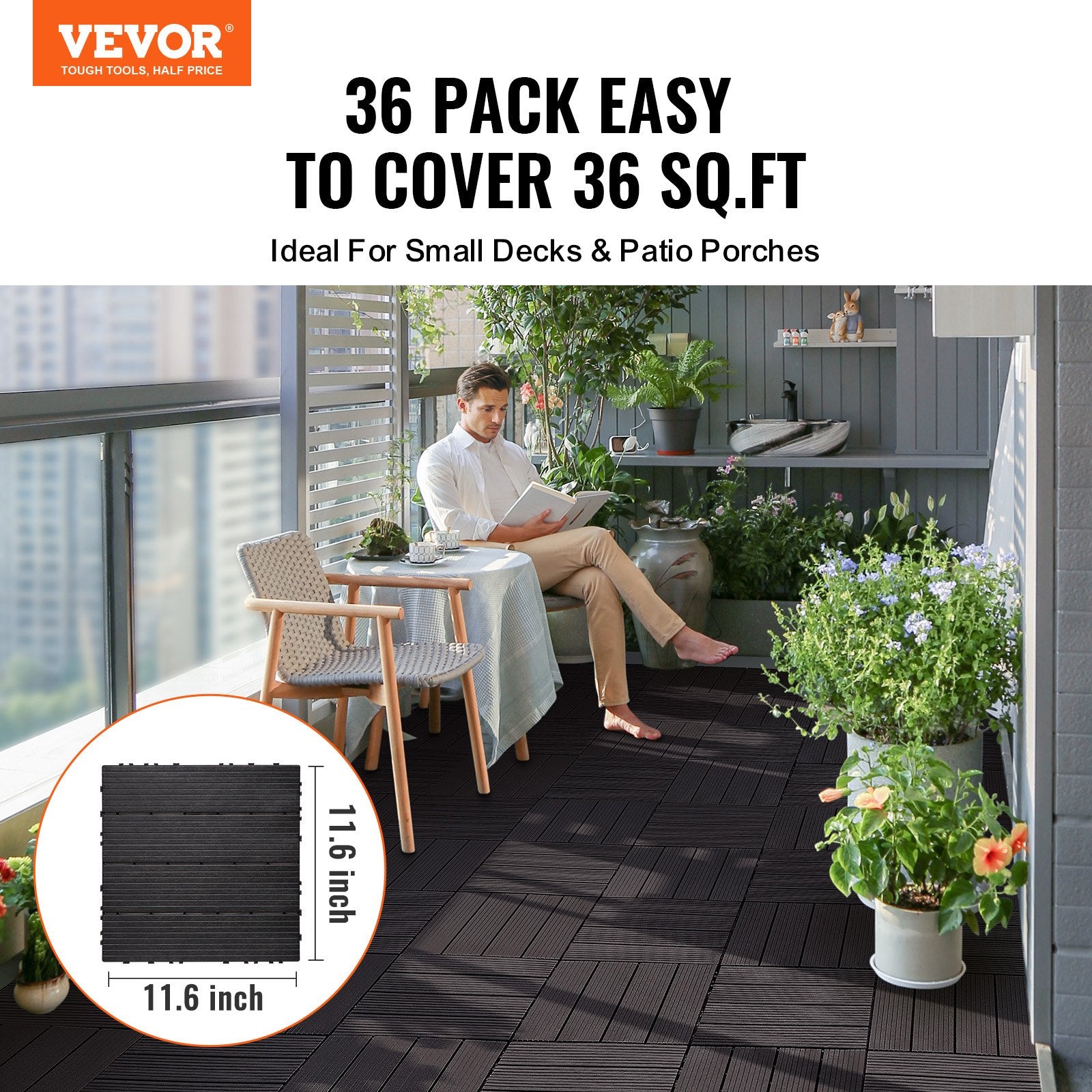Interlocking Deck Tiles, 36 Pack,11.6"x11.6" 36 sq. ft Plastic Waterproof Outdoor Flooring All Weather Use, V952-HDDBSL4TBTSZO4PBXV0