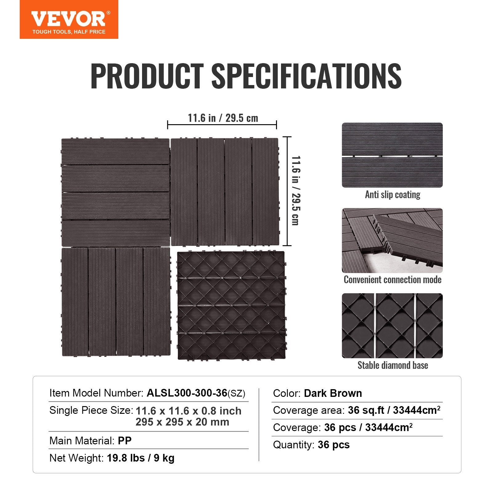 Interlocking Deck Tiles, 36 Pack,11.6"x11.6" 36 sq. ft Plastic Waterproof Outdoor Flooring All Weather Use, V952-HDDBSL4TBTSZO4PBXV0