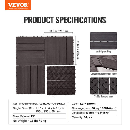 Interlocking Deck Tiles, 36 Pack,11.6"x11.6" 36 sq. ft Plastic Waterproof Outdoor Flooring All Weather Use, V952-HDDBSL4TBTSZO4PBXV0
