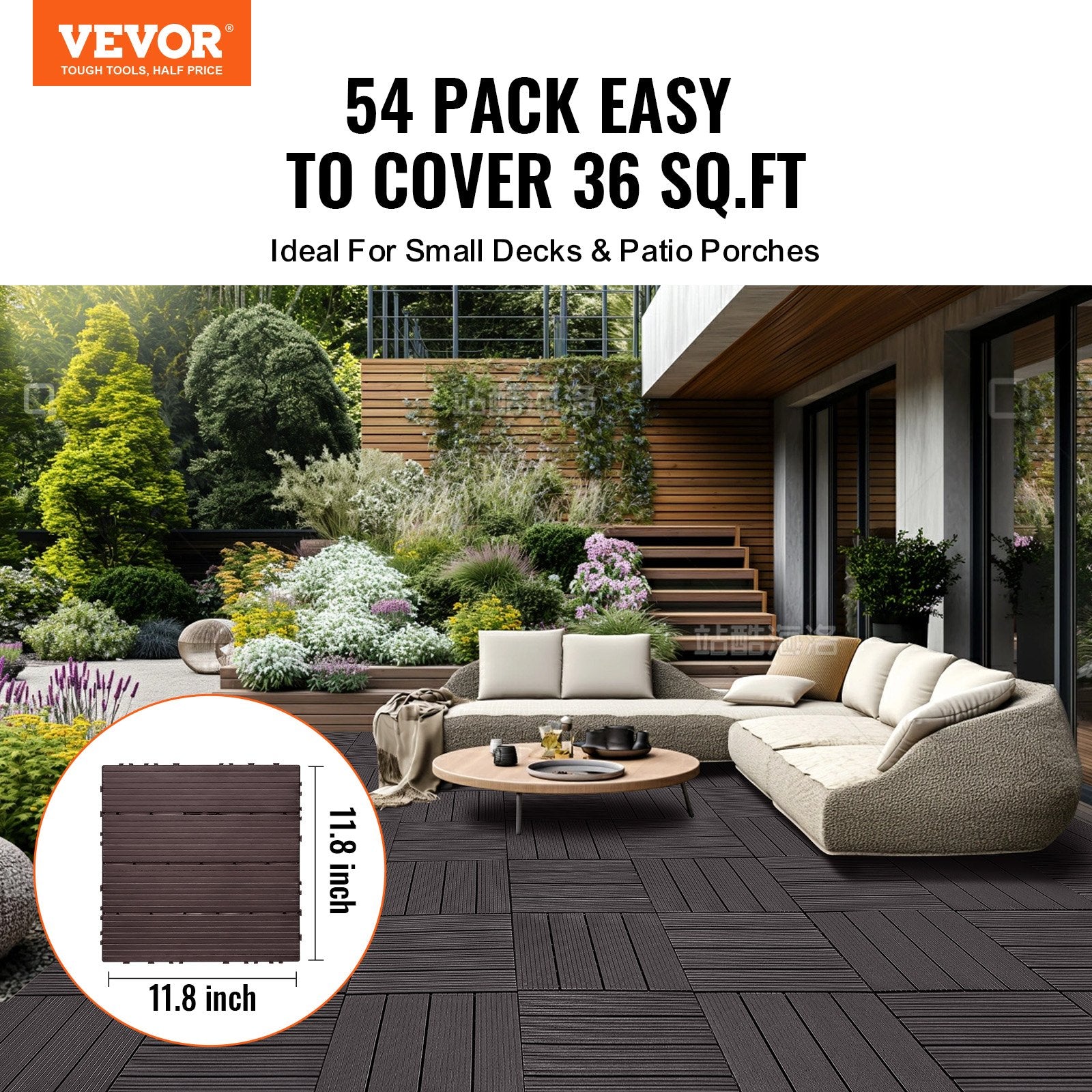 Interlocking Deck Tiles 54 Pack 12"x12" Waterproof for Porch Dark Brown V952-HDDBSL4TBTSZUY2L8V0