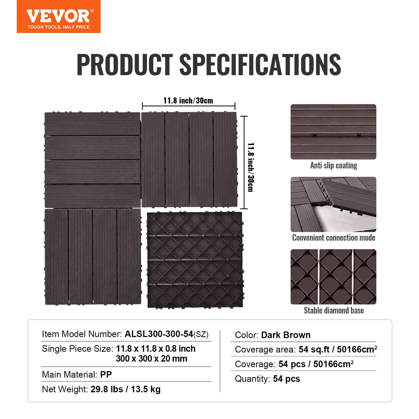 Interlocking Deck Tiles 54 Pack 12"x12" Waterproof for Porch Dark Brown V952-HDDBSL4TBTSZUY2L8V0
