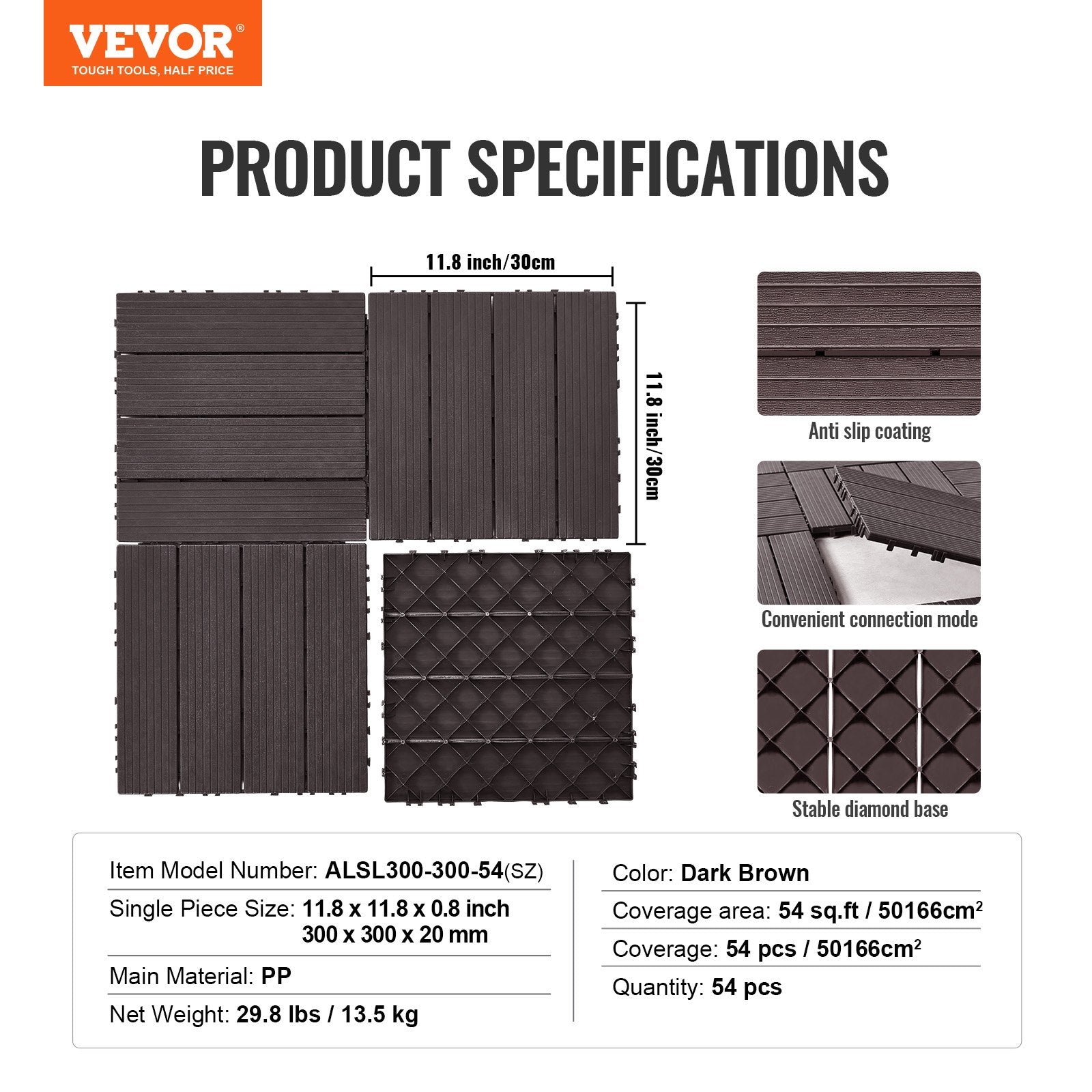 Interlocking Deck Tiles 54 Pack 12"x12" Waterproof for Porch Dark Brown V952-HDDBSL4TBTSZUY2L8V0