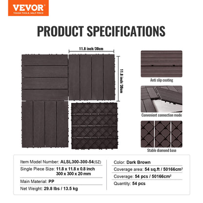 Interlocking Deck Tiles 54 Pack 12"x12" Waterproof for Porch Dark Brown V952-HDDBSL4TBTSZUY2L8V0