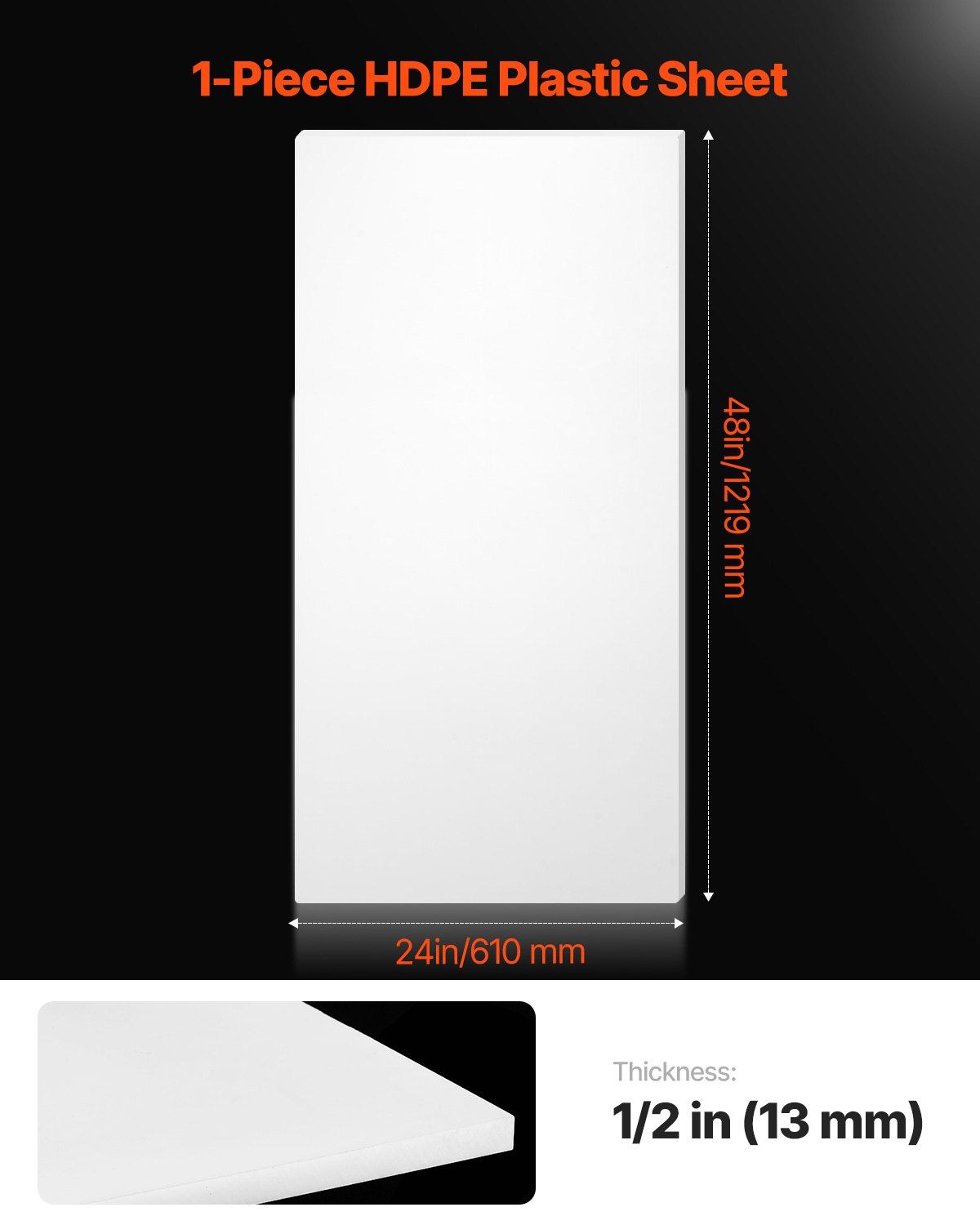 HDPE Plastic Sheet Board, 1 Pack High Density Polyethylene Sheet Plastic Panel, 610 x 1219 mm 13 mm Thick V952-HDPESLBHDPE212XD1V0