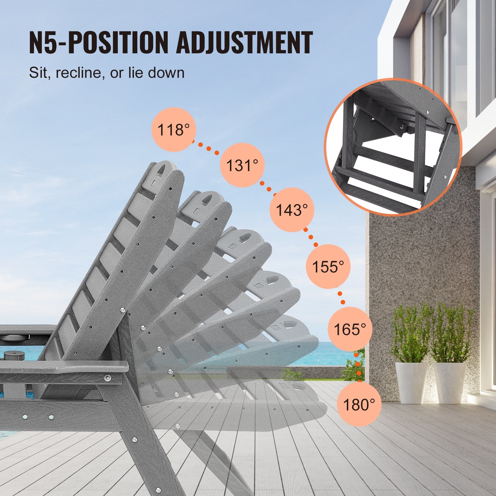 Outdoor Chaise Lounge Chair 6 Positions Reclining Patio Bench Lounger Gray V952-HDPESLTYGDTYX7BM7001V0