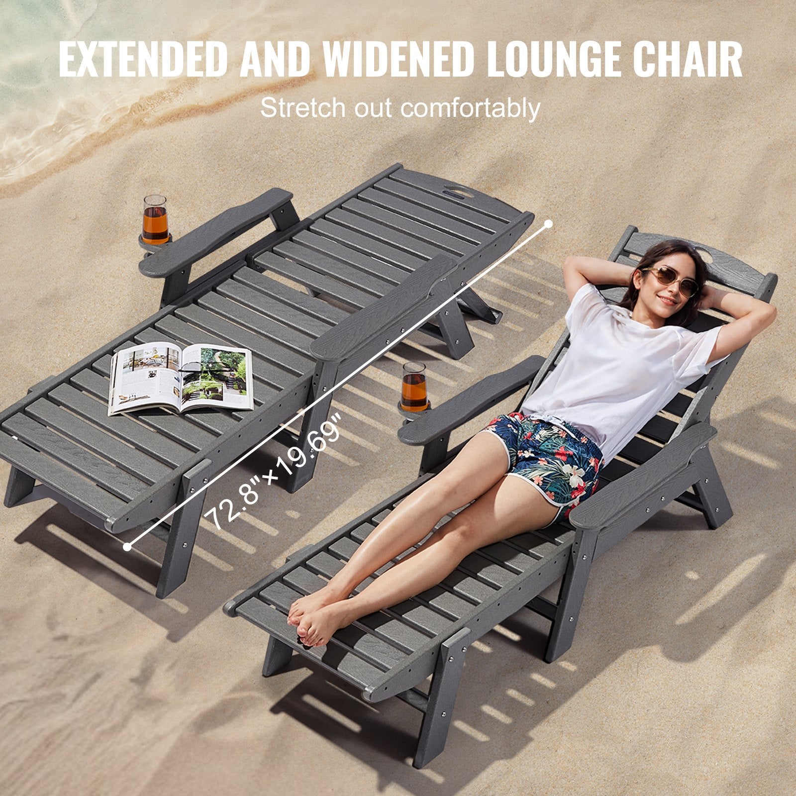 Outdoor Chaise Lounge Chair 6 Positions Reclining Patio Bench Lounger Gray V952-HDPESLTYGDTYX7BM7001V0