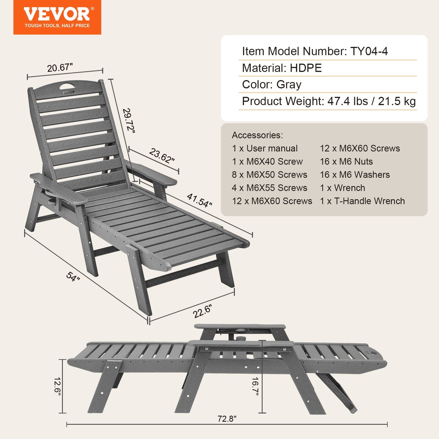 Outdoor Chaise Lounge Chair 6 Positions Reclining Patio Bench Lounger Gray V952-HDPESLTYGDTYX7BM7001V0