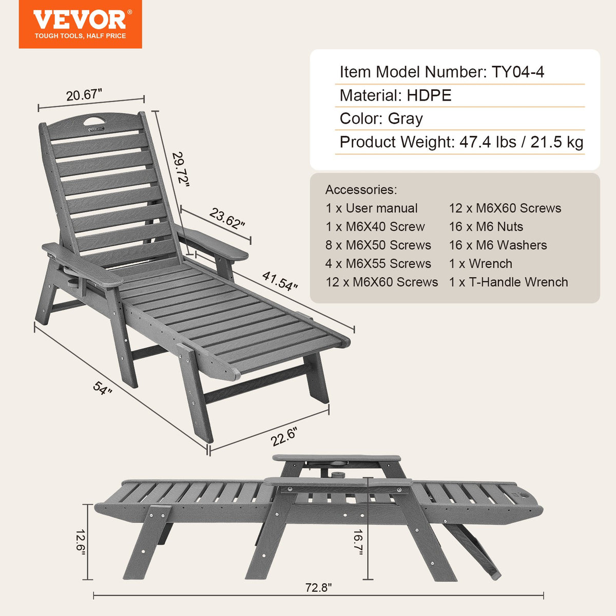 Outdoor Chaise Lounge Chair 6 Positions Reclining Patio Bench Lounger Gray V952-HDPESLTYGDTYX7BM7001V0