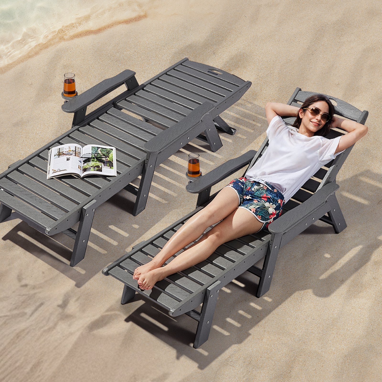 Outdoor Chaise Lounge Chair 6 Positions Reclining Patio Bench Lounger Gray V952-HDPESLTYGDTYX7BM7001V0