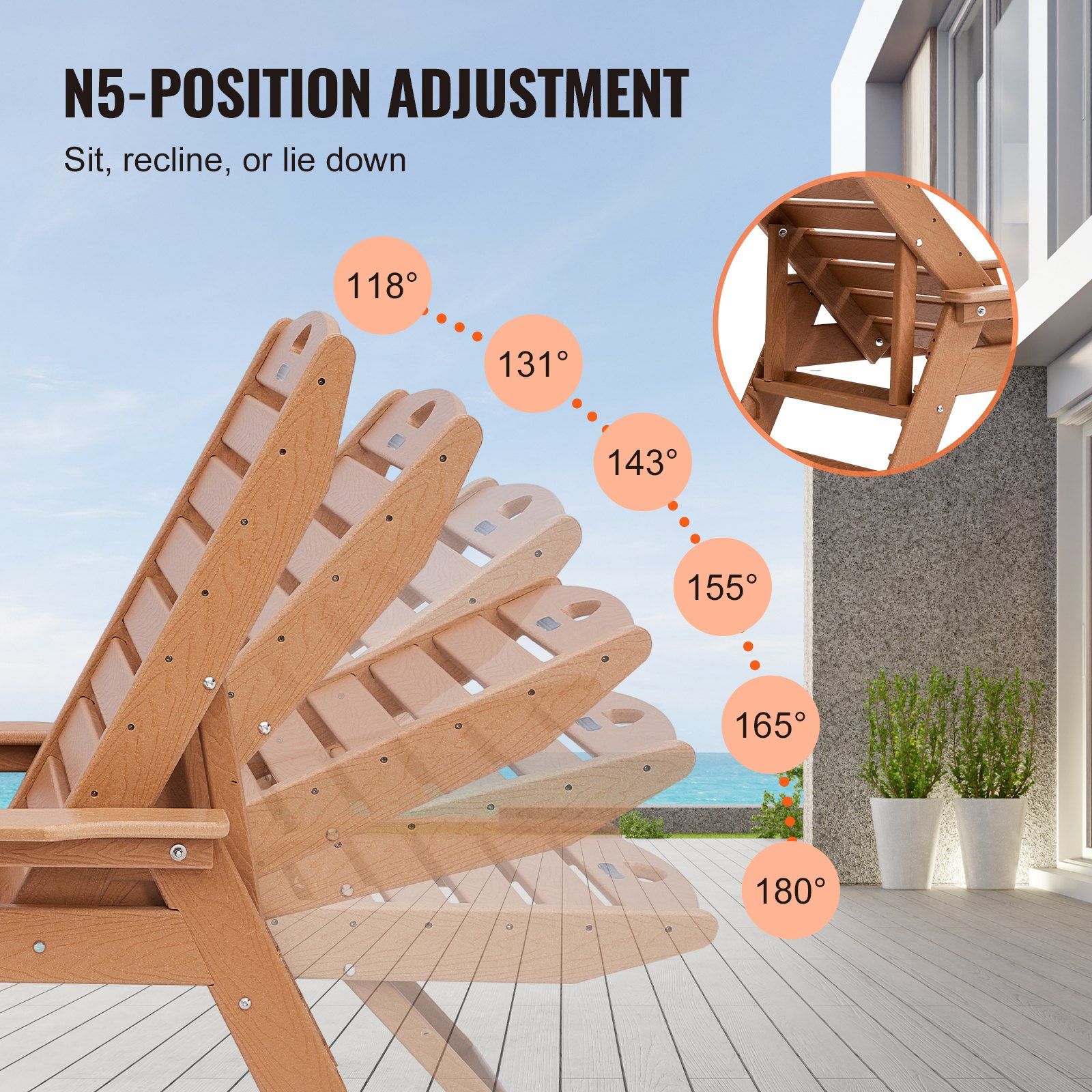 Chaise Lounge Chair, 181 kg Weight Capacity, 6 Positions Adjustable Patio Lounge Chair, Outdoor HDPE Lounge V952-HDPESLTYGDTYYCZAV001V0