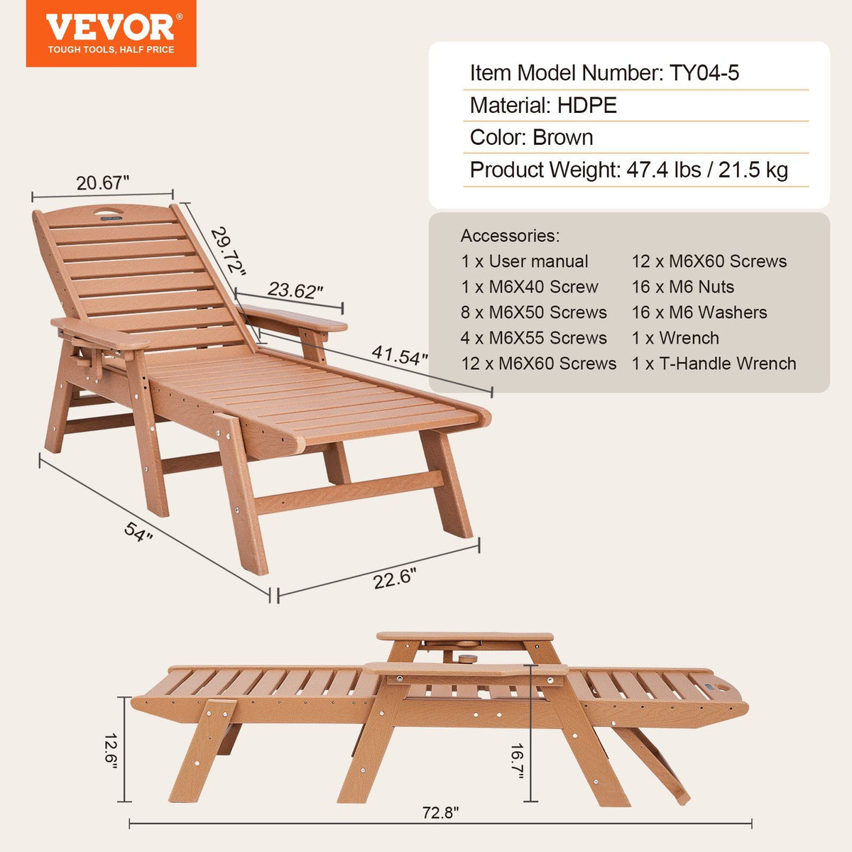 Chaise Lounge Chair, 181 kg Weight Capacity, 6 Positions Adjustable Patio Lounge Chair, Outdoor HDPE Lounge V952-HDPESLTYGDTYYCZAV001V0