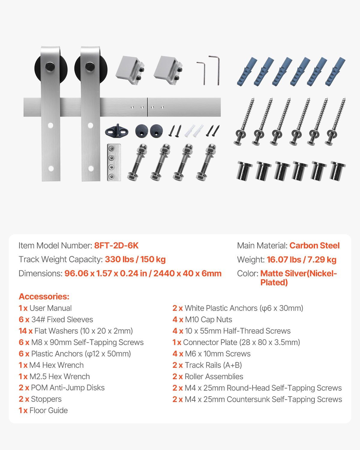 8FT Sliding Barn Door Hardware Kit, 330 LBS Weight Capacity, Compatible with 42 to 48 Inches Width & 1-3/8 to V952-HDSMDGDGDM2D9X4QD001V0