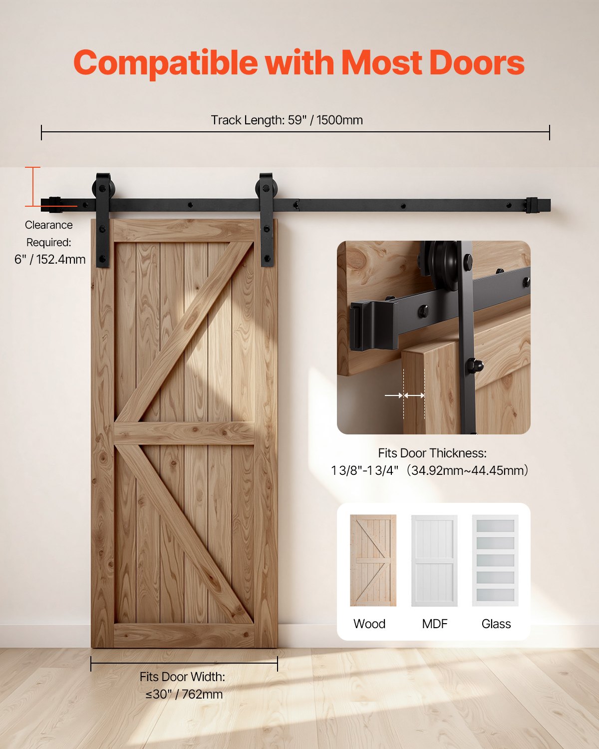 1500 mm Sliding Barn Door Hardware Kit for Single Sliding Barn Door Black V952-HDSMDGDGDM2DBQT76001V0