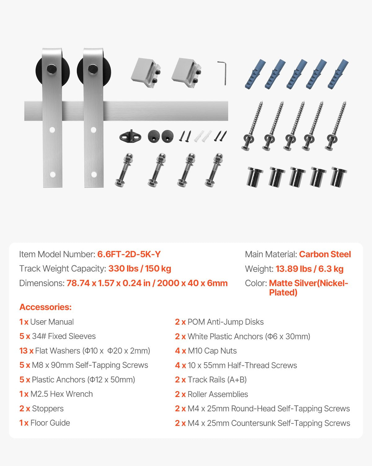 2000 mm Sliding Barn Door Hardware Kit for Single Sliding Barn Door Silver V952-HDSMDGDGDM2DHTNXT001V0
