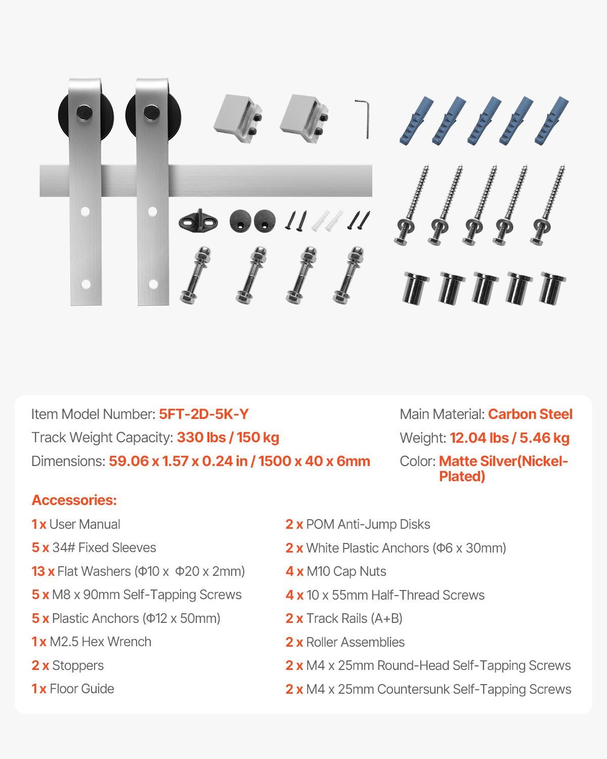5FT Sliding Barn Door Hardware Kit, 330 LBS Weight Capacity, Compatible with 30 Inches Max Width & 1-3/8 to V952-HDSMDGDGDM2DHV9QG001V0