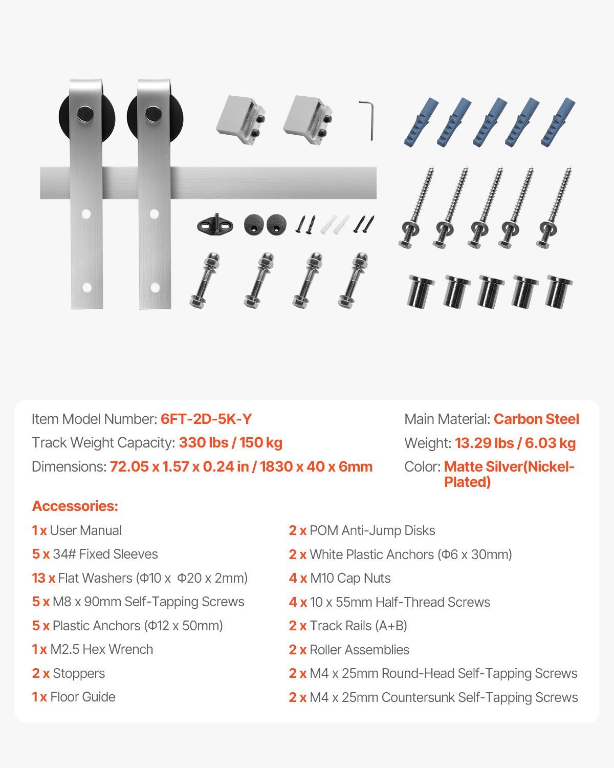 6FT Sliding Barn Door Hardware Kit, 330 LBS Weight Capacity, Compatible with 36 Inches Max Width & 1-3/8 to V952-HDSMDGDGDM2DY1WVM001V0