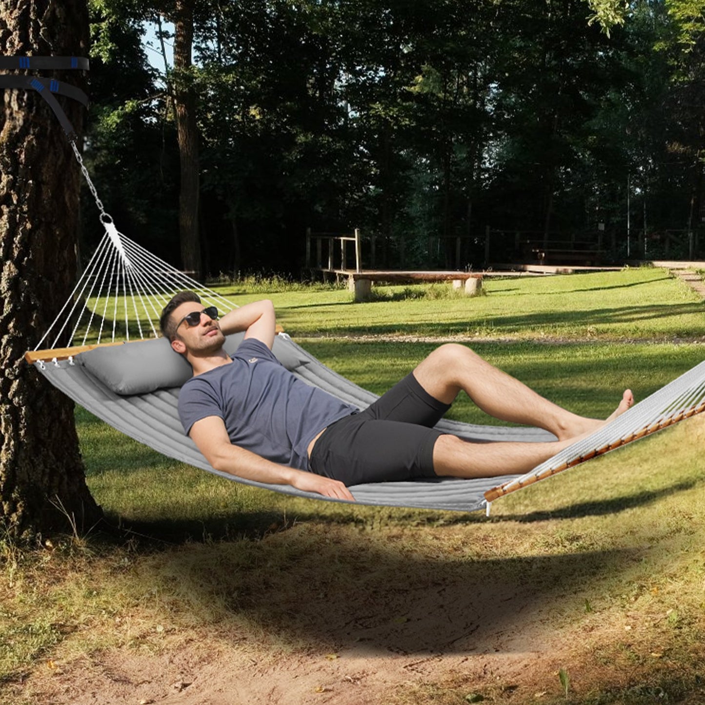 Double Quilted Fabric Hammock, 12 FT Double Hammock with Hardwood Spreader Bars, 2 Person Quilted Hammock V952-HFDCBDZJYZXCHF9R8V0