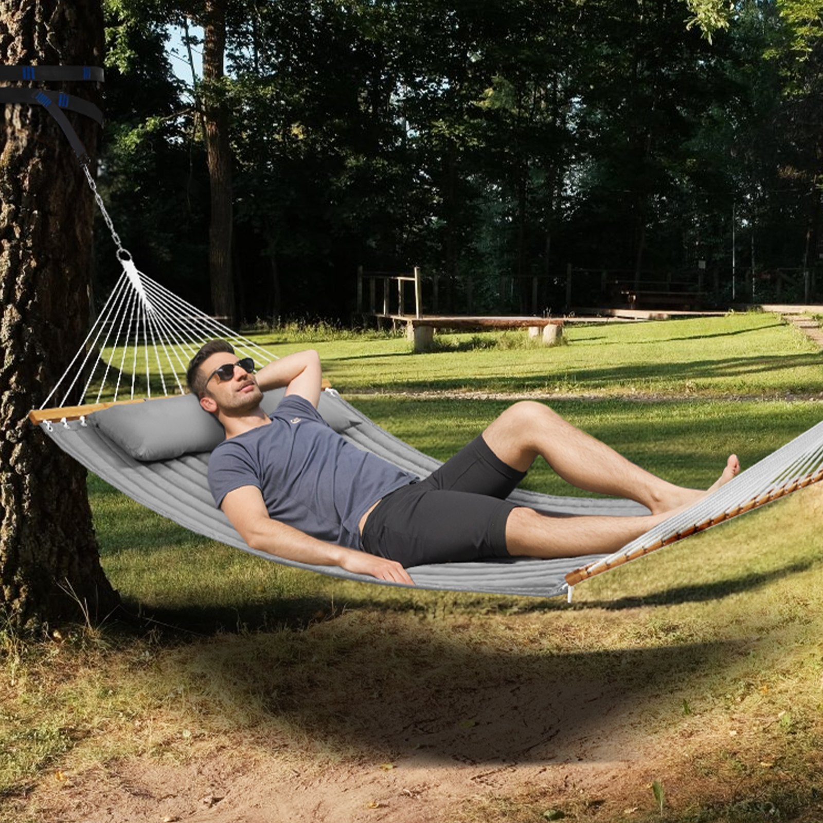 Double Quilted Fabric Hammock, 12 FT Double Hammock with Hardwood Spreader Bars, 2 Person Quilted Hammock V952-HFDCBDZJYZXCHF9R8V0