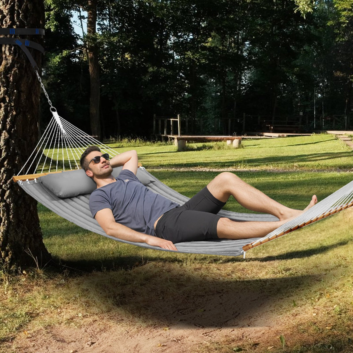 Double Quilted Fabric Hammock, 12 FT Double Hammock with Hardwood Spreader Bars, 2 Person Quilted Hammock V952-HFDCBDZJYZXCHF9R8V0