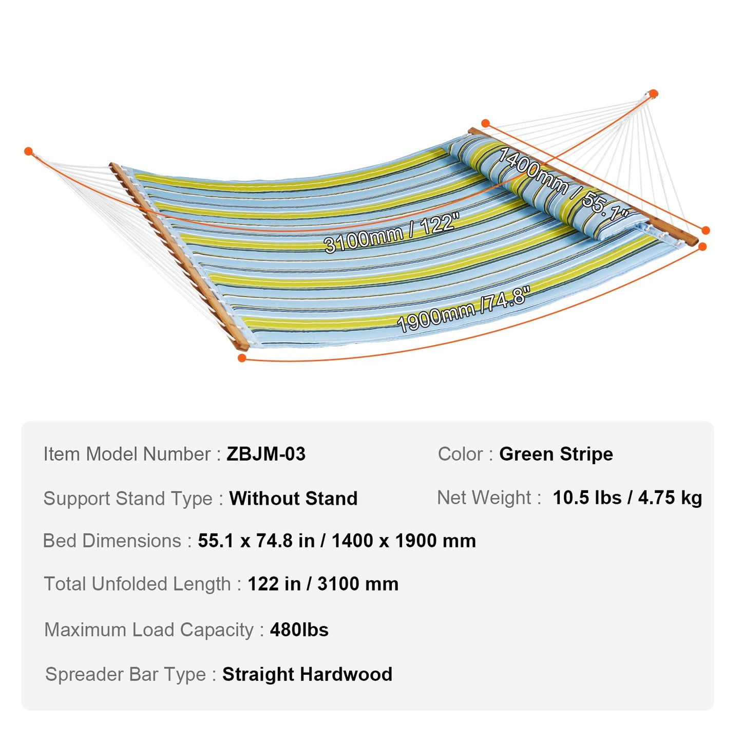 Double Quilted Fabric Hammock, 12 FT Double Hammock with Hardwood Spreader Bars, 2 Person Quilted Hammock V952-HFDCBDZJYZXT01Q05V0