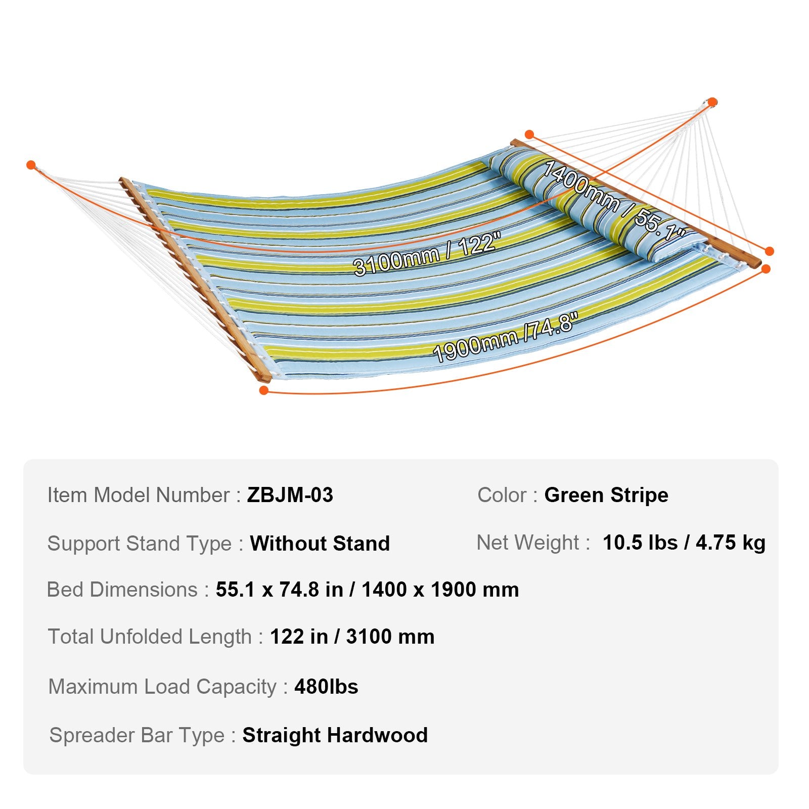 Double Quilted Fabric Hammock, 12 FT Double Hammock with Hardwood Spreader Bars, 2 Person Quilted Hammock V952-HFDCBDZJYZXT01Q05V0