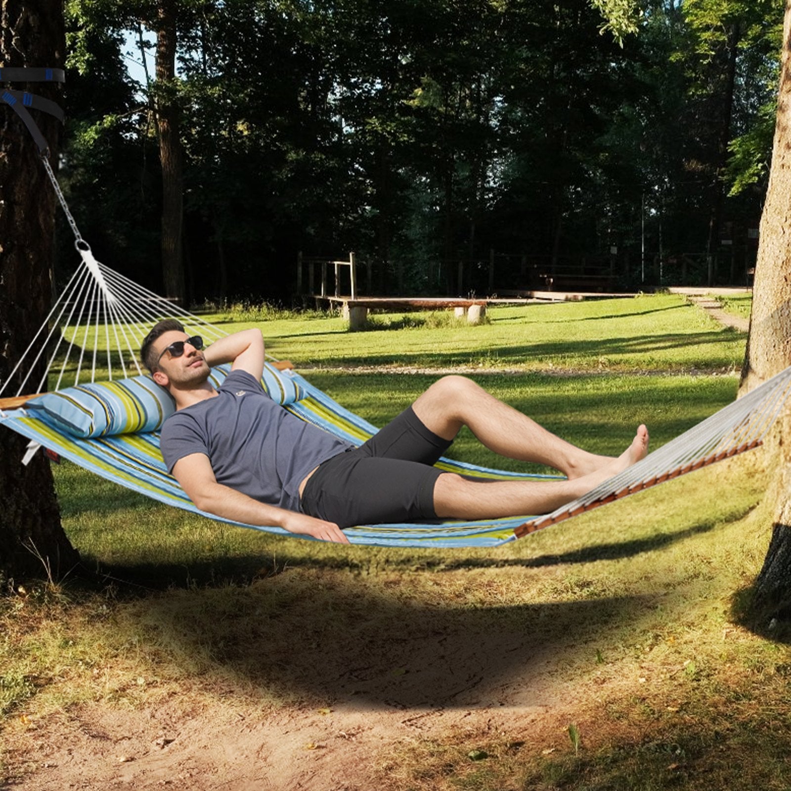 Double Quilted Fabric Hammock, 12 FT Double Hammock with Hardwood Spreader Bars, 2 Person Quilted Hammock V952-HFDCBDZJYZXT01Q05V0