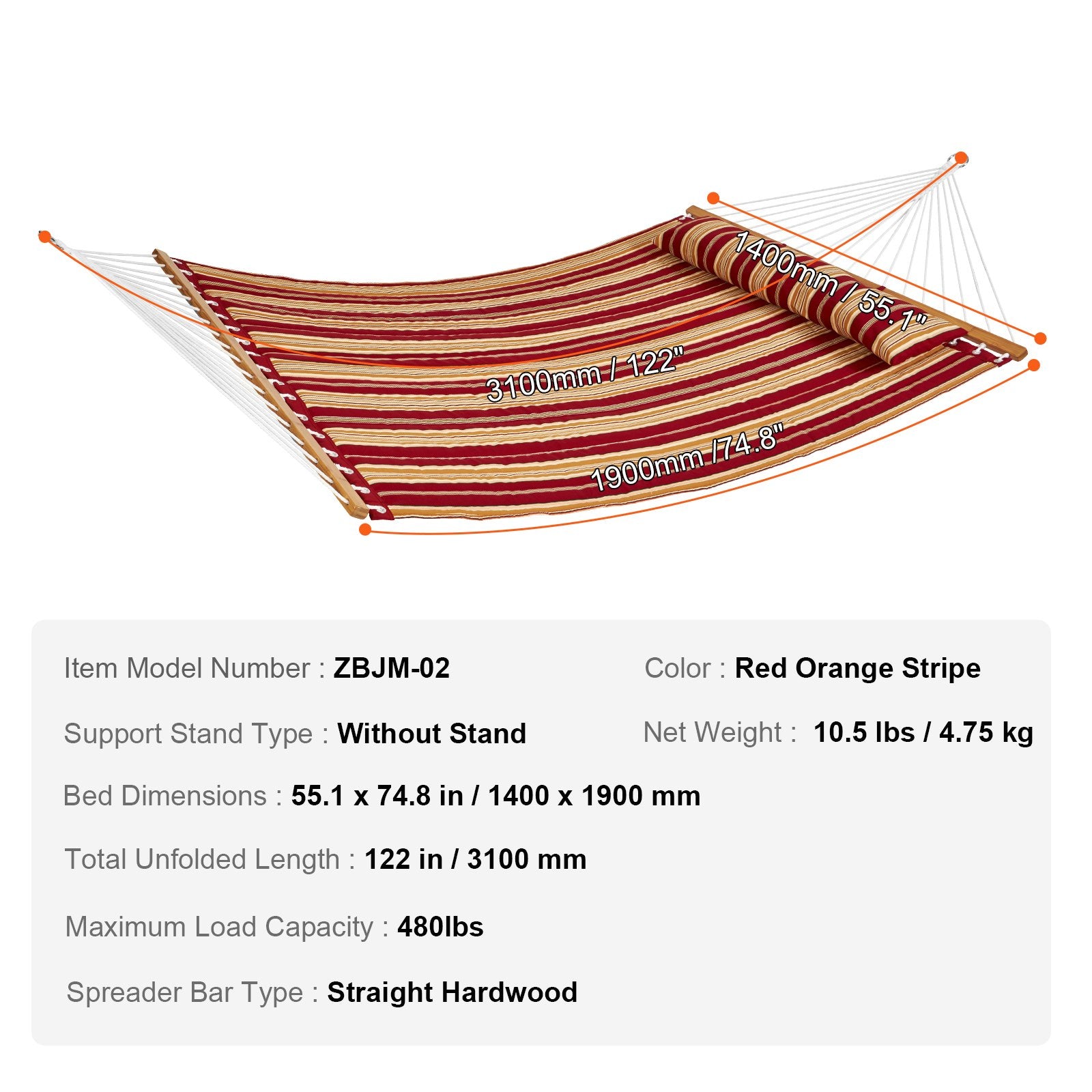 Double Quilted Fabric Hammock, 12 FT Double Hammock with Hardwood Spreader Bars, 2 Person Quilted Hammock V952-HFDCBDZJYZXT62NZ4V0
