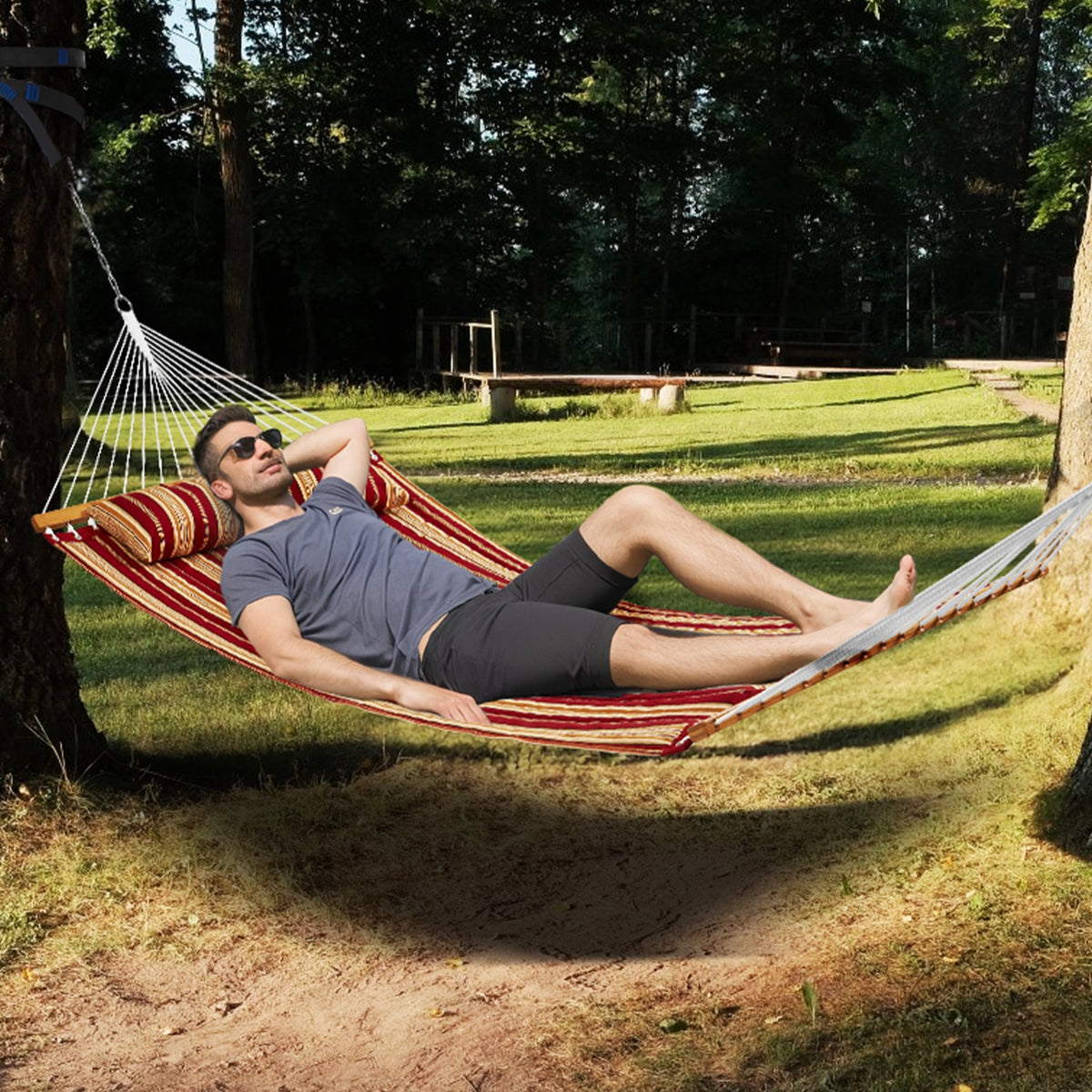 Double Quilted Fabric Hammock, 12 FT Double Hammock with Hardwood Spreader Bars, 2 Person Quilted Hammock V952-HFDCBDZJYZXT62NZ4V0