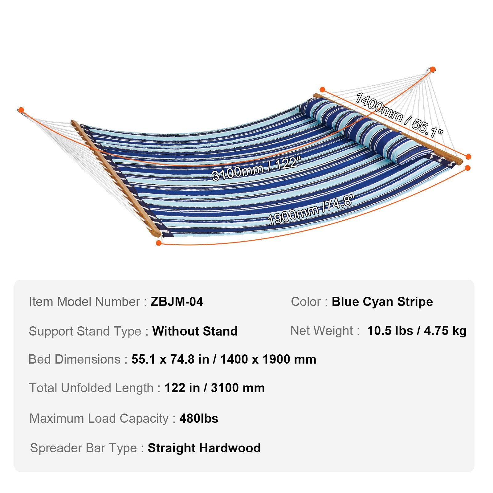 Double Quilted Fabric Hammock, 12 FT Double Hammock with Hardwood Spreader Bars, 2 Person Quilted Hammock V952-HFDCBDZJYZXT653QMV0