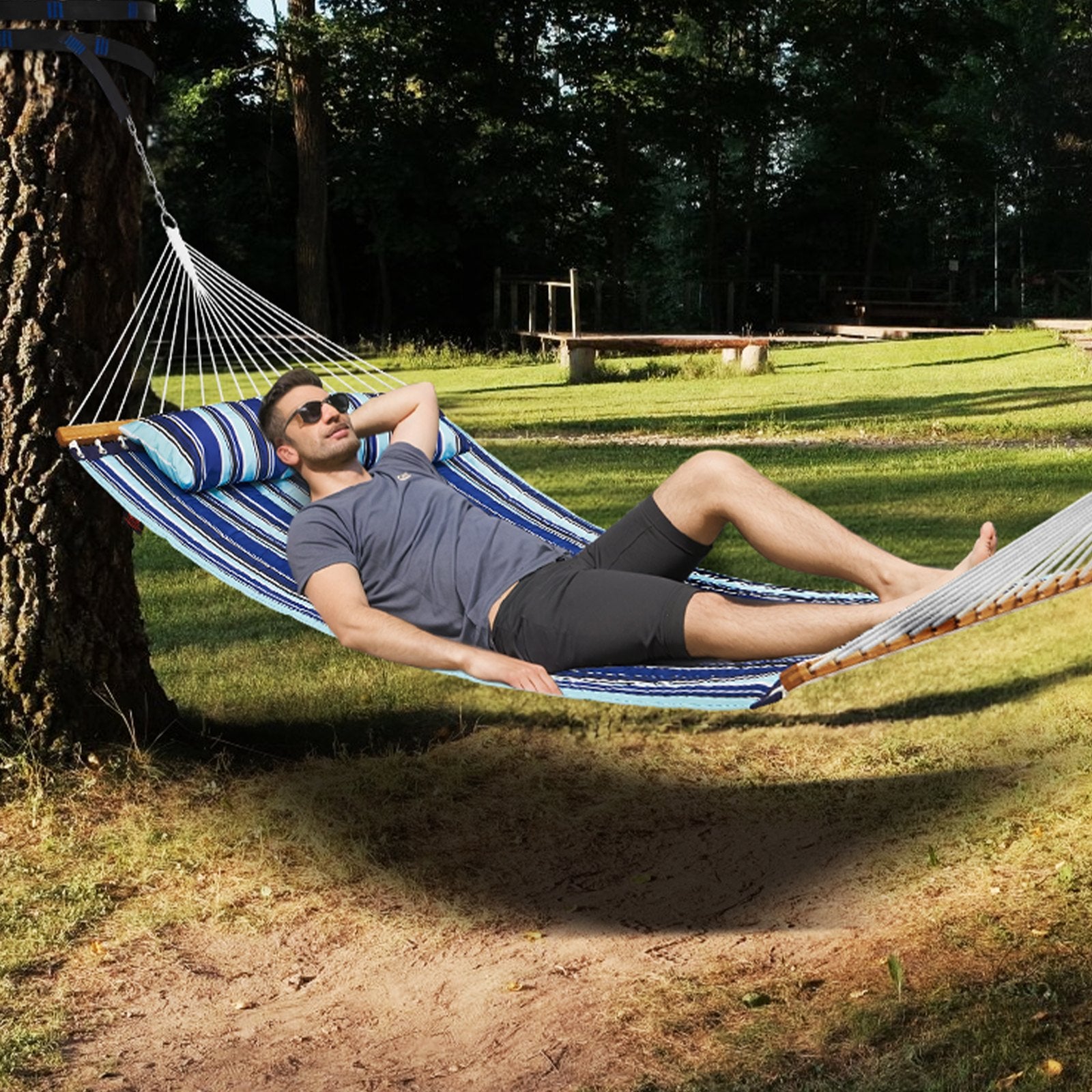 Double Quilted Fabric Hammock, 12 FT Double Hammock with Hardwood Spreader Bars, 2 Person Quilted Hammock V952-HFDCBDZJYZXT653QMV0