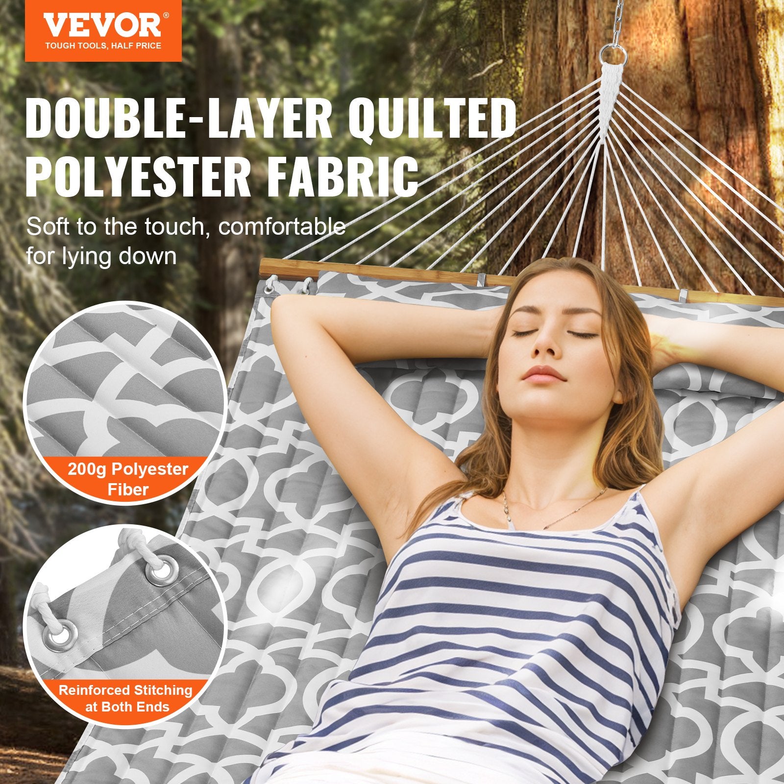 Double Quilted Fabric Hammock, 12 FT Double Hammock with Hardwood Spreader Bars, 2 Person Quilted Hammock V952-HFDCHBSXHWBD33J0JV0