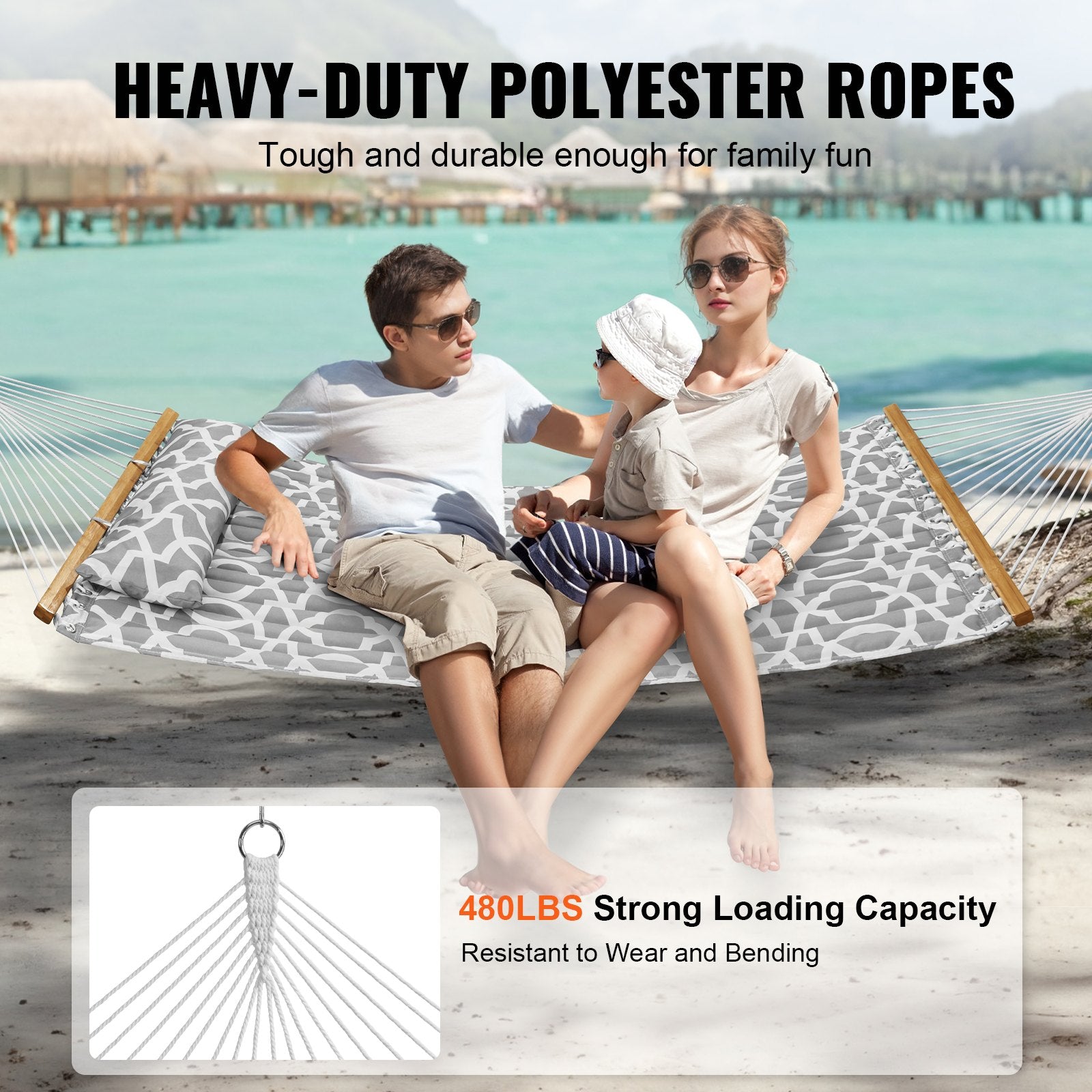 Double Quilted Fabric Hammock, 12 FT Double Hammock with Hardwood Spreader Bars, 2 Person Quilted Hammock V952-HFDCHBSXHWBD33J0JV0