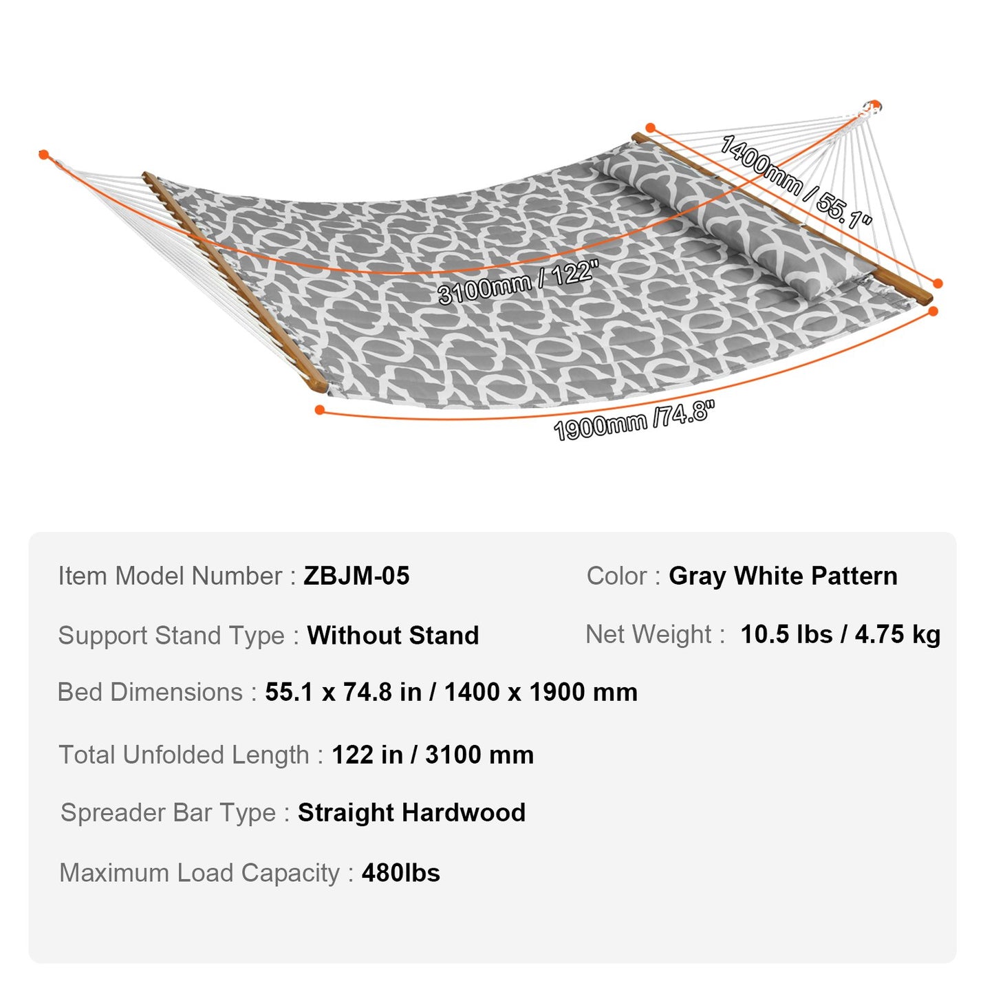 Double Quilted Fabric Hammock, 12 FT Double Hammock with Hardwood Spreader Bars, 2 Person Quilted Hammock V952-HFDCHBSXHWBD33J0JV0