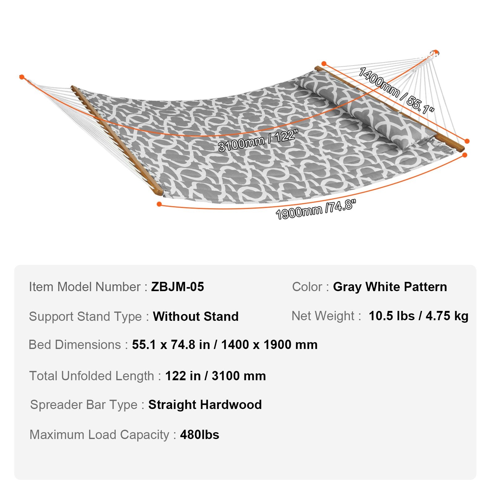 Double Quilted Fabric Hammock, 12 FT Double Hammock with Hardwood Spreader Bars, 2 Person Quilted Hammock V952-HFDCHBSXHWBD33J0JV0
