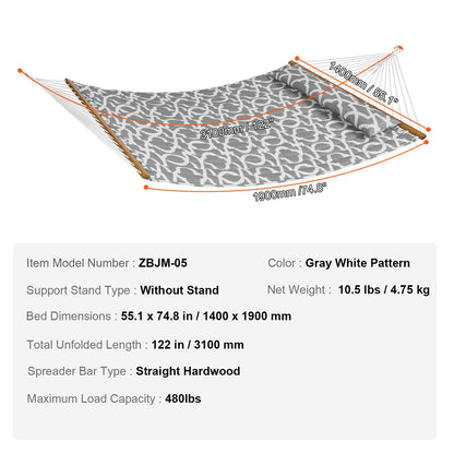 Double Quilted Fabric Hammock, 12 FT Double Hammock with Hardwood Spreader Bars, 2 Person Quilted Hammock V952-HFDCHBSXHWBD33J0JV0