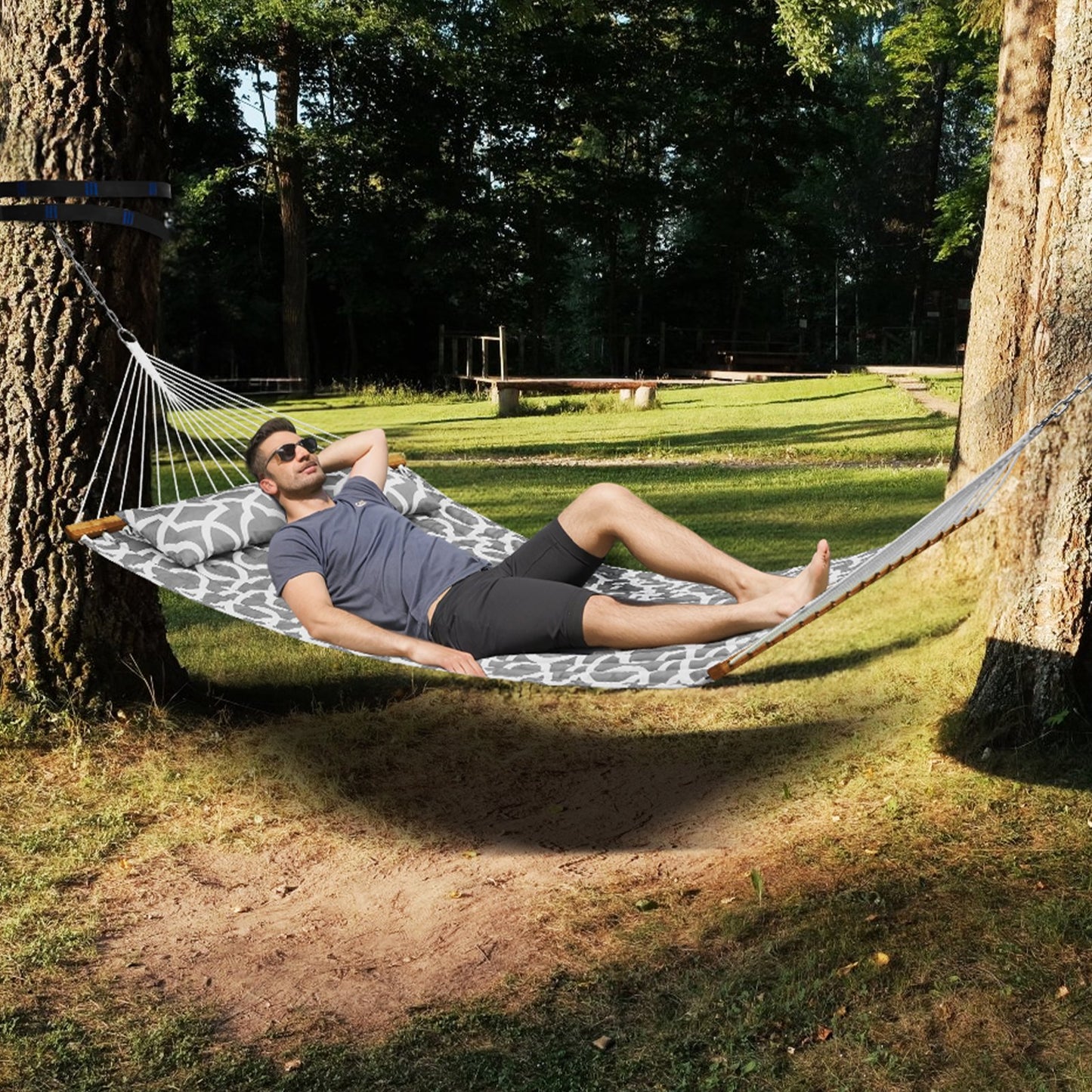 Double Quilted Fabric Hammock, 12 FT Double Hammock with Hardwood Spreader Bars, 2 Person Quilted Hammock V952-HFDCHBSXHWBD33J0JV0