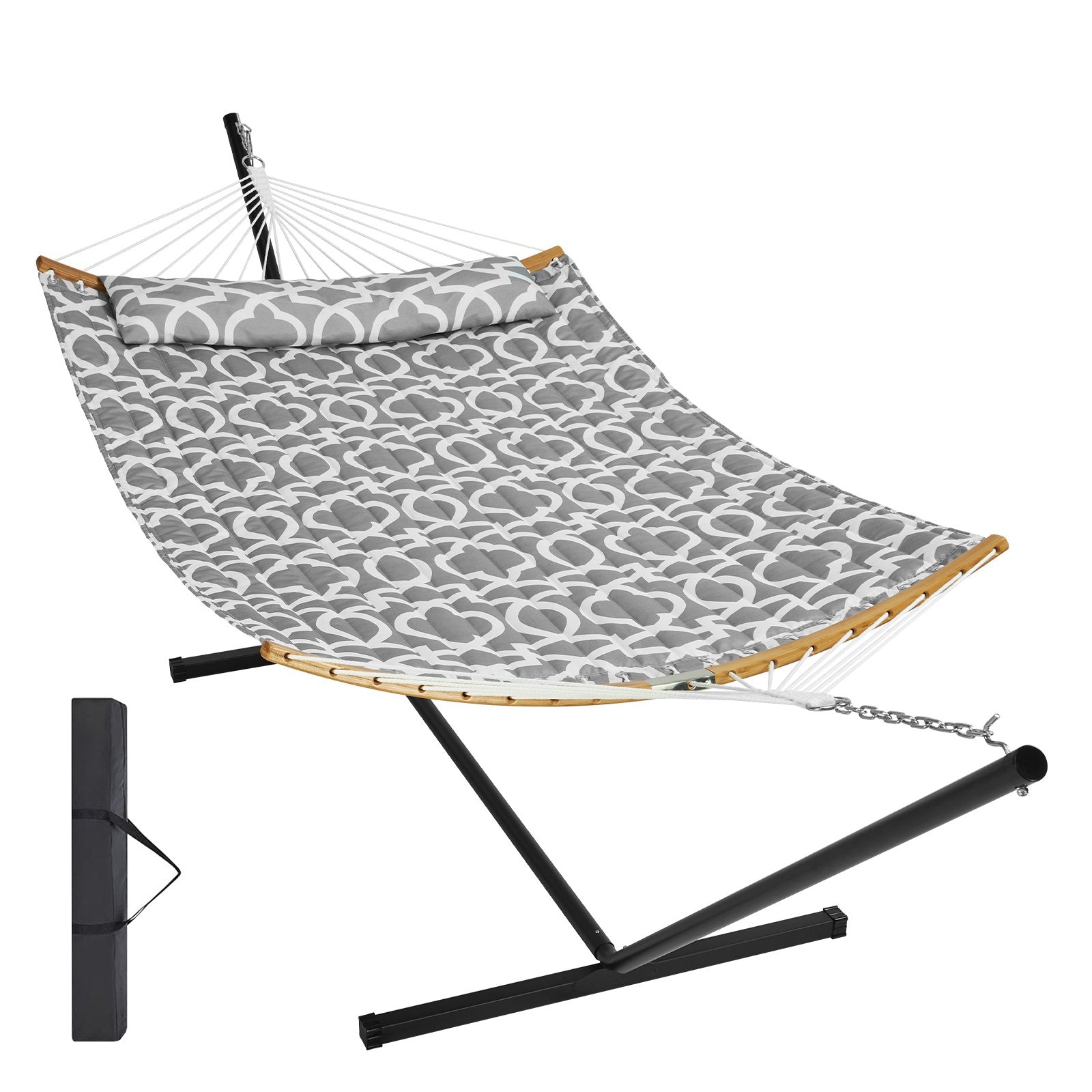 Two Person Hammock with Stand Included, Double Hammock with Curved Spreader Bar and Detachable Pillow and V952-HFDCHBSXHWTXFST1WV0