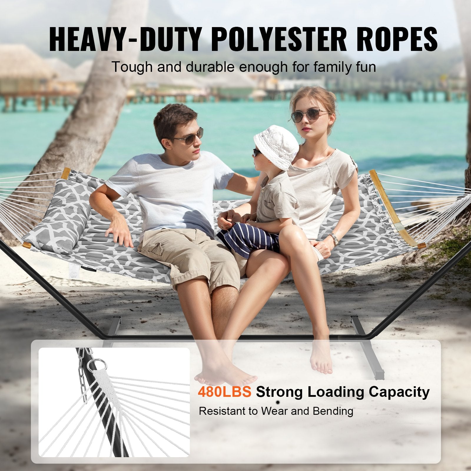 Two Person Hammock with Stand Included, Double Hammock with Curved Spreader Bar and Detachable Pillow and V952-HFDCHBSXHWTXFST1WV0