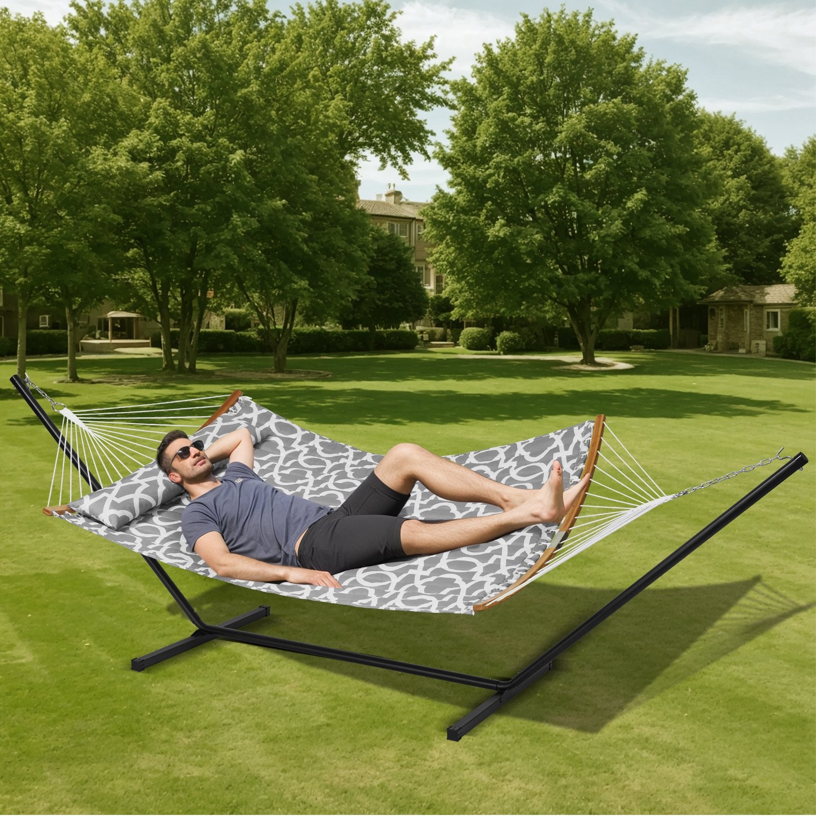 Two Person Hammock with Stand Included, Double Hammock with Curved Spreader Bar and Detachable Pillow and V952-HFDCHBSXHWTXFST1WV0